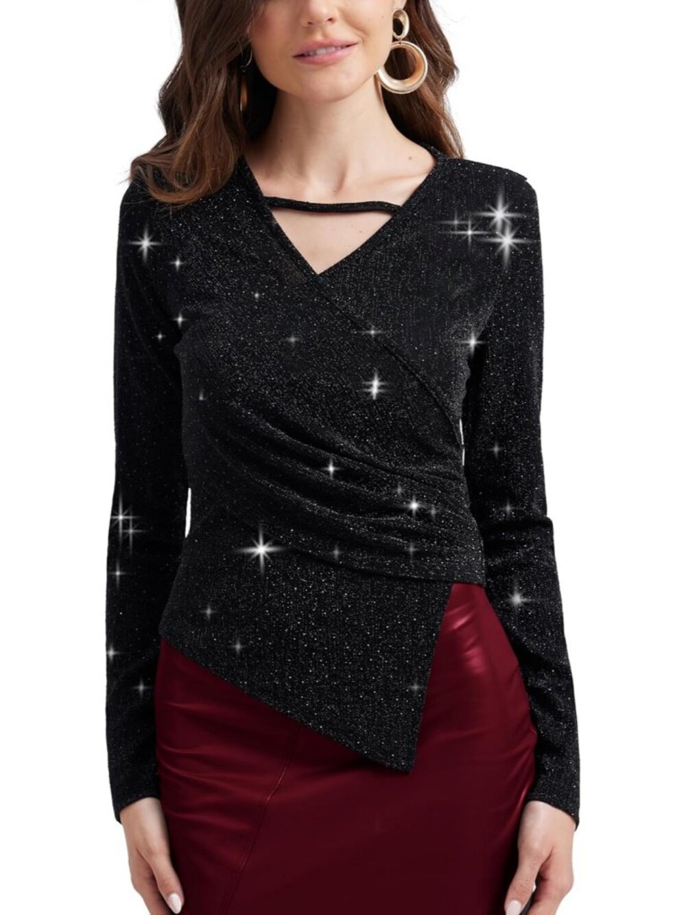 Women's Black V Neck Glitter Sparkly Blouse Long Sleeve Cocktail Party Top